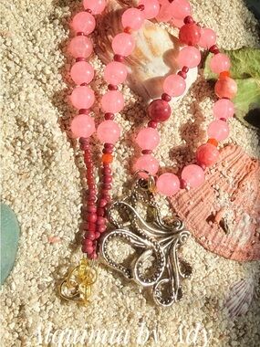 Alquimia Pink and Red Beaded Necklace with Silver Octopus Charm